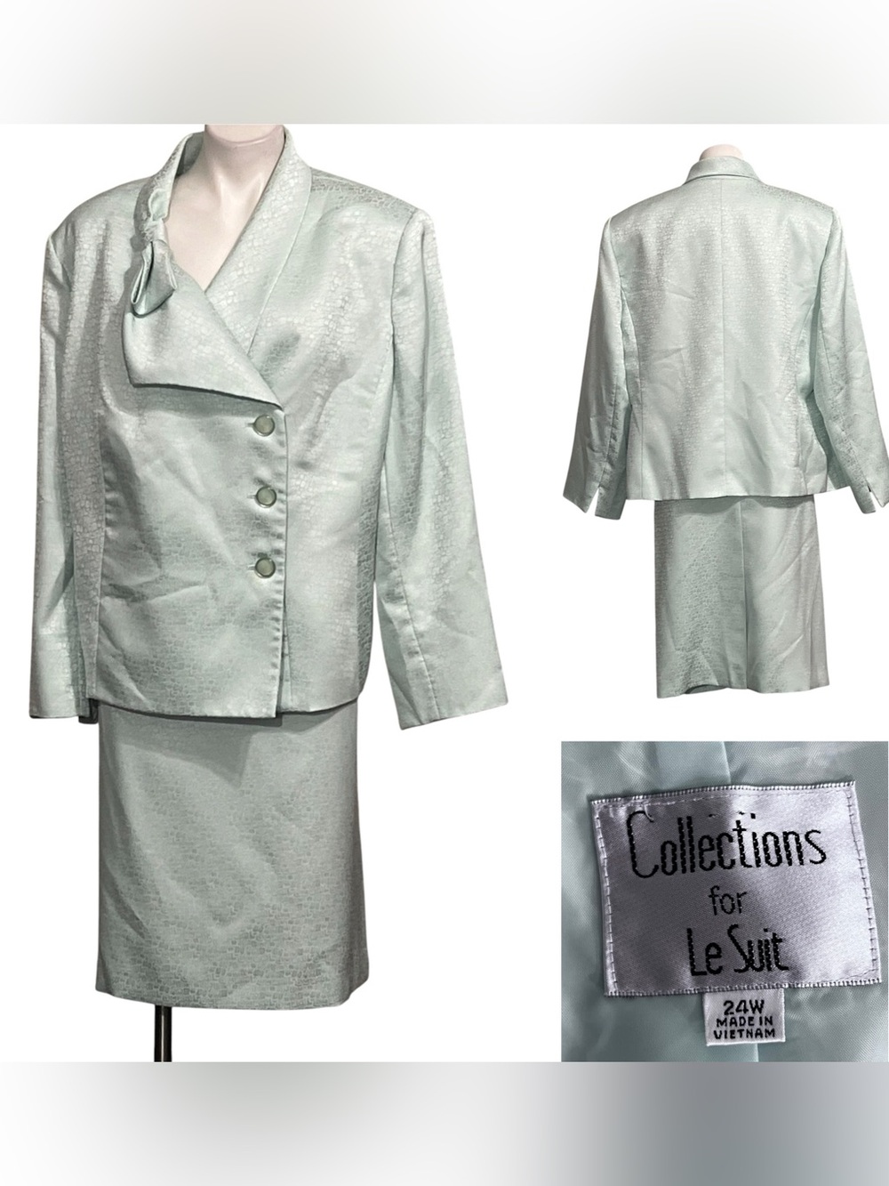 Le Suit blazer & skirt suit plus 24w  light green satin long sleeve knee length